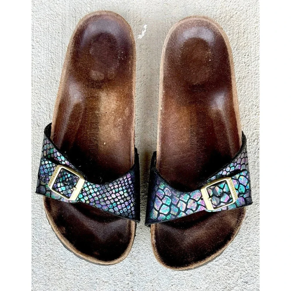 ⁠Birkenstock Madrid Black Metallic Python Snake Sandals Sz 38 Gold Buckle